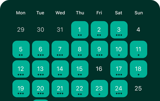Monthly calendar view showing habit completion days highlighted in teal